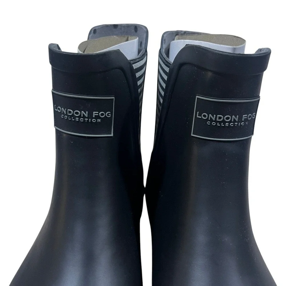 London Fog Piccadilly Striped Rain Boots Black Ankle Rubber Waterproof Size 8M